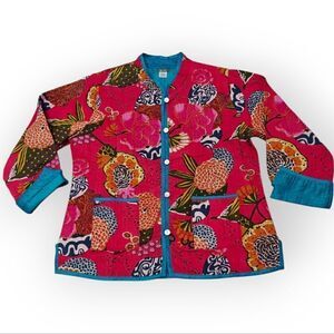 NWOT ANU INDIA DOUBLE SIDED QUILTED SILK COTTON FLORAL RED BLUE JACKET SIZE L